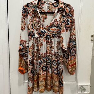 Free People Brown and White Long Sleeve Sundress
